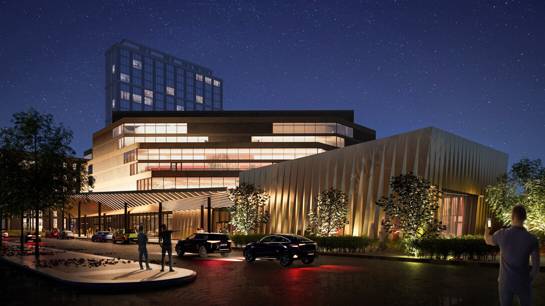 A rendering of the renovated Lied Center for Performing Arts at night.