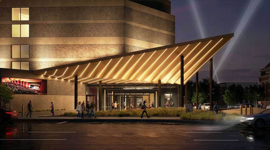 A rendering of the south entrance of the renovated Lied Center for Performing Arts at night.