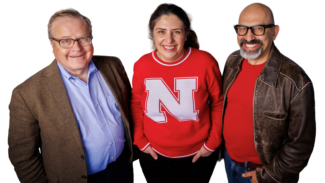 Husker engineers (from left) Bruce Dvorak, Mona Bavarian and Siamak Nejati, with a white background.