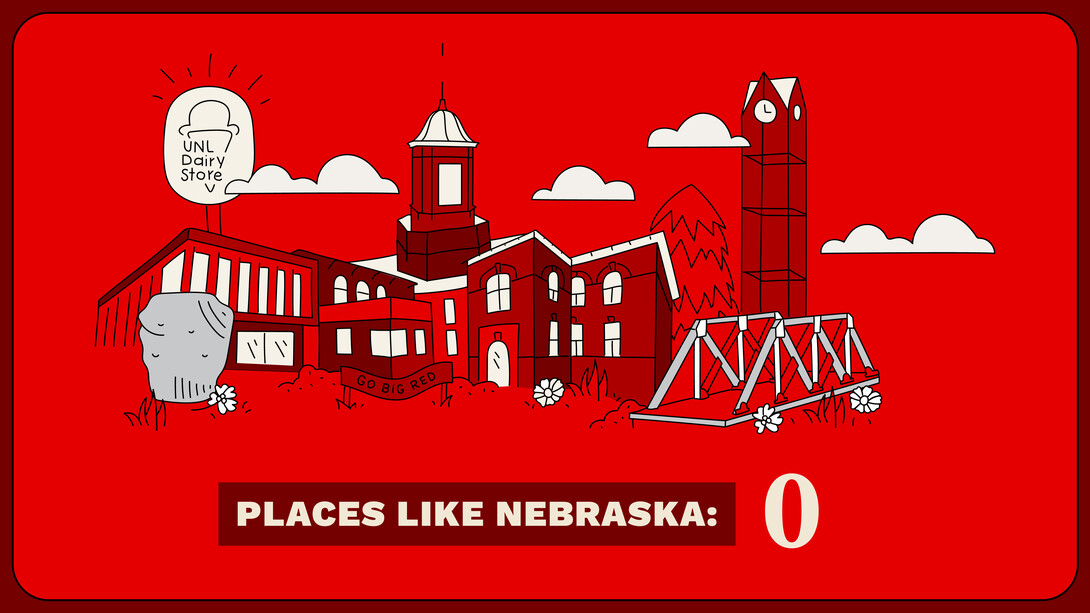 Graphic with "Places like Nebraska: 0" and a simple drawing of campus buildings and icons.