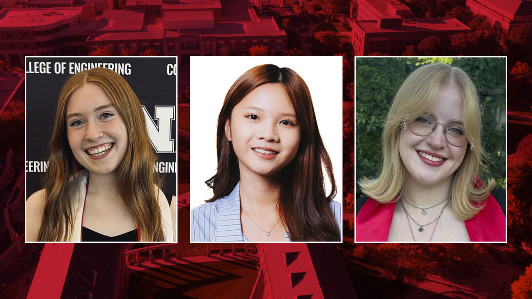 Color portraits of (from left) NSF Graduate Research Fellows Gracie Kerr, Angela Le and Hayden Wulf on a red campus background.
