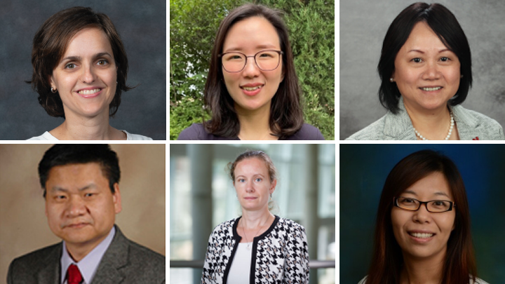 Two rows of three portraits — (top row, from left) Lucia Fernandez Ballester, Seulki Kim and Yusong Li; and (bottom row, from left) Yongfeng Lu, Svetlana Romanova and Bing Wang.