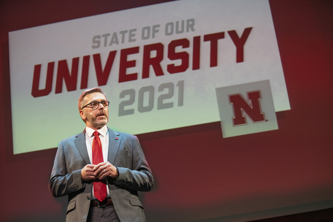 Chancellor Ronnie Green delivered the 2021 State of Our University address in the Lied Center for Performing Arts on Feb. 15.