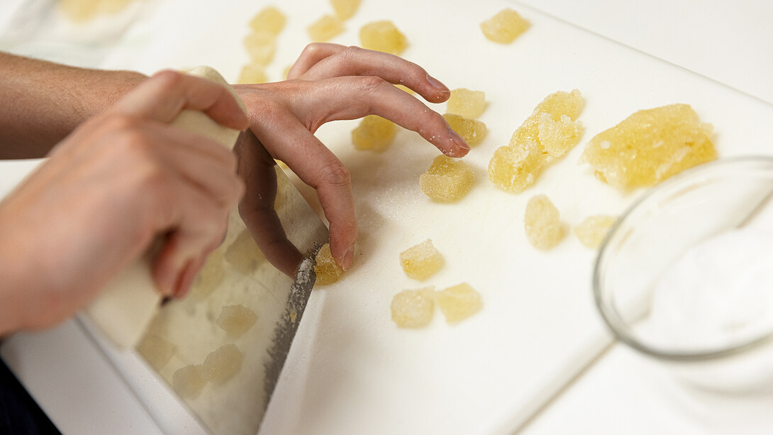 April Johnson cuts up gummies in the product development lab at Nebraska’s Food Innovation Center.