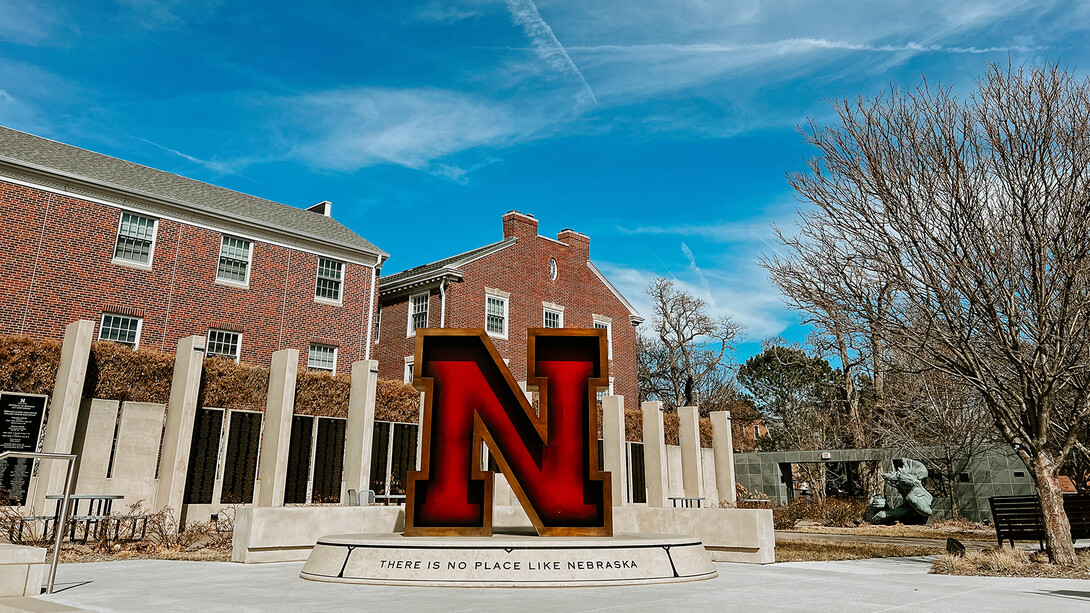 "Value of the N" sculpture in the Nebraska Alumni Association's Holling Garden.