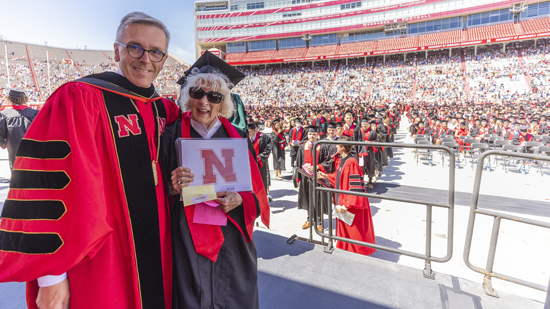 Chancellor Green and Carol Livingston pose for a photo during the May 14 commencement.