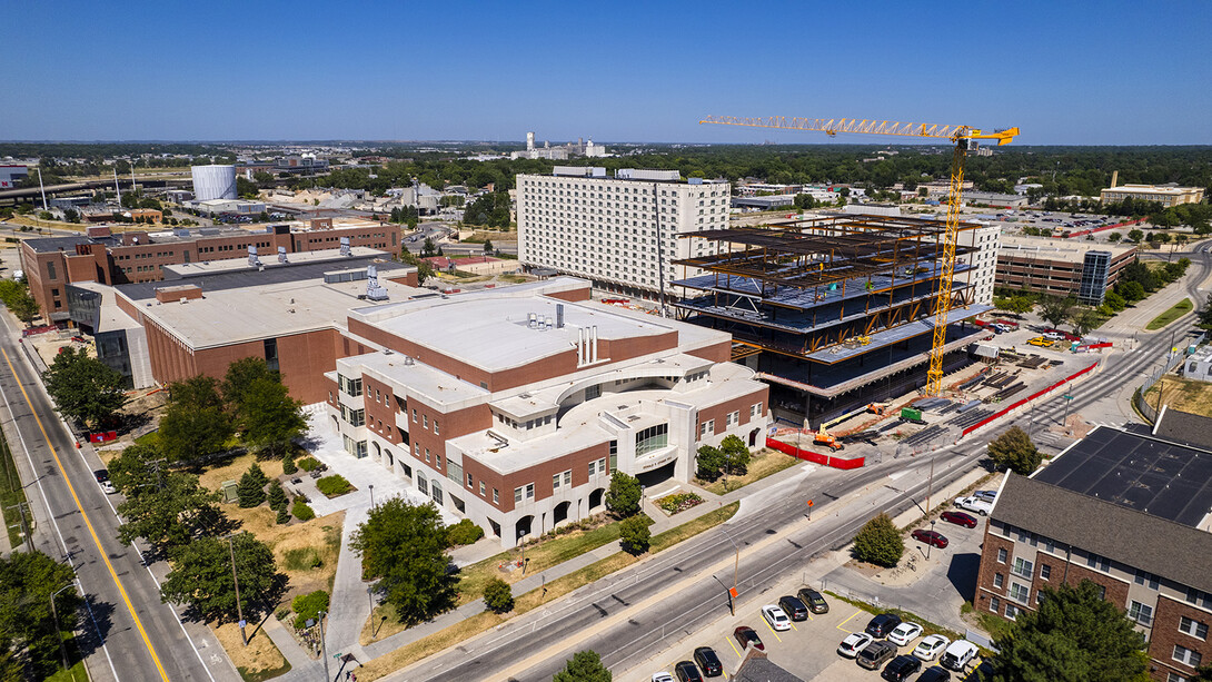 Aerial image of Kiewit Hall and Vine Street between 16th Street and S. Antelope Valley Parkway.