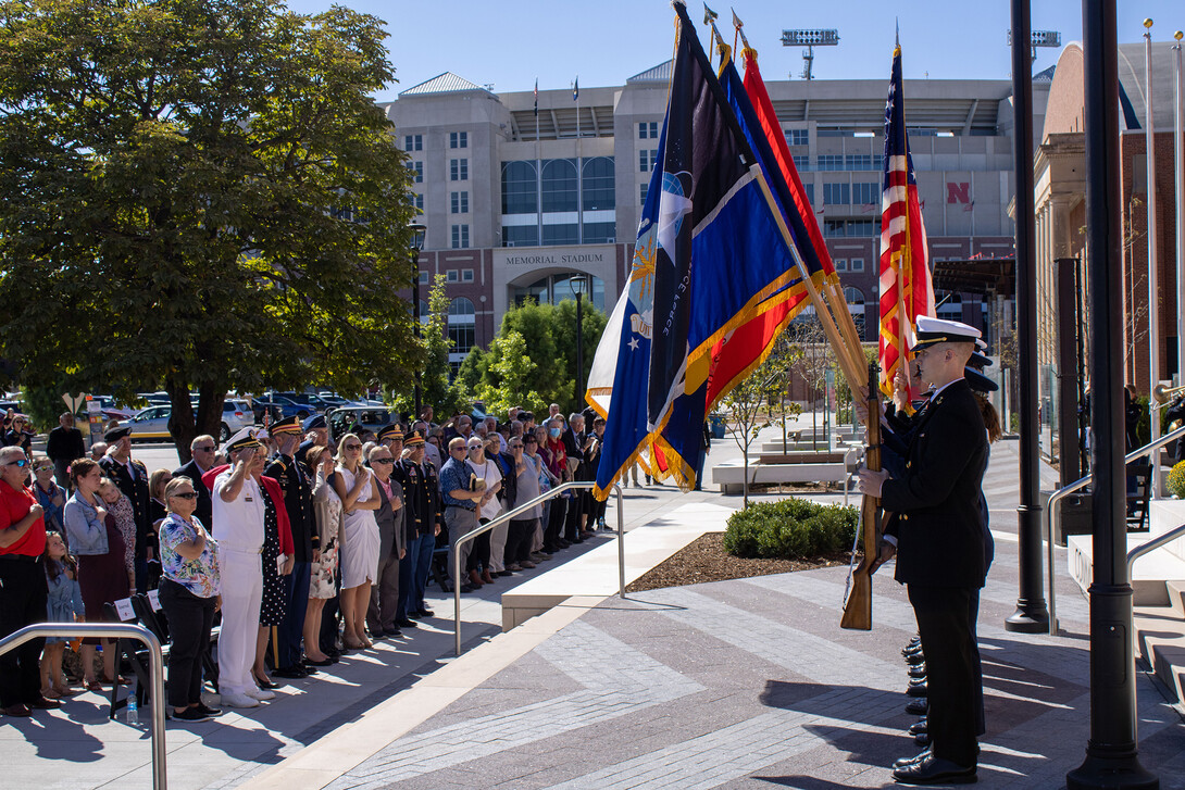 A color guard presents the flags during the dedication of the Veterans Tribute Sept. 11, 2022