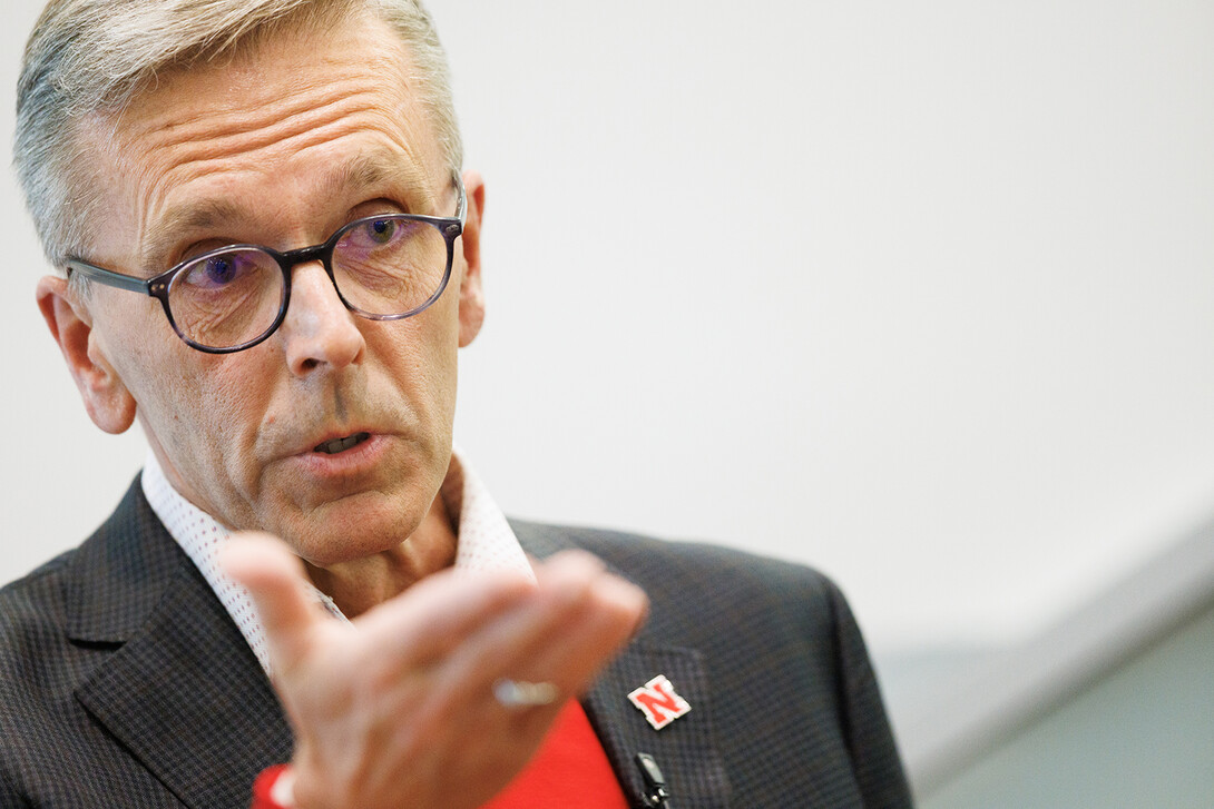 Chancellor Ronnie Green gestures during the May 9 dialogue in the Dinsdale Learning Commons.