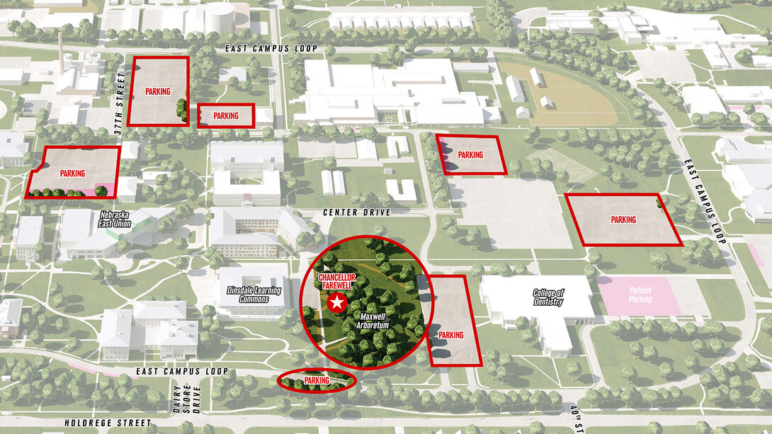 East Campus map outlining the location (circle highlight) of the May 11 farewell reception for Ronnie and Jane Green, and parking lot options. Campus parking highlighted will be open with no enforcement during the reception. Click to enlarge.