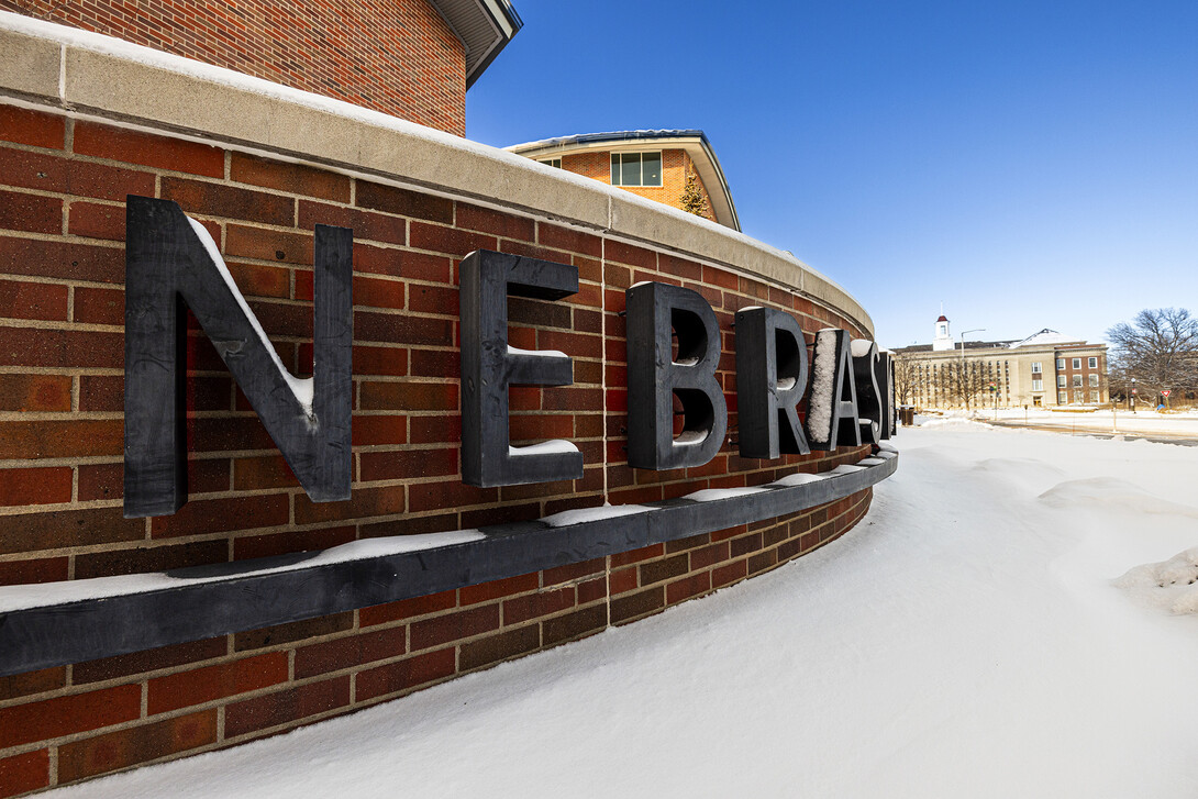 The Nebraska sign outside the Visitors Center shows signs of the Jan. 8-9, 2024, snowstorm.