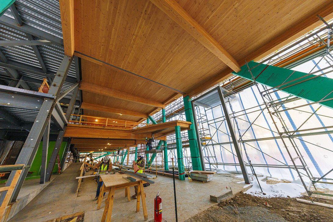 Interior work continues on the new addition to Architecture Hall, which will be named HDR Pavilion. The pavilion will feature a mass timber structure.