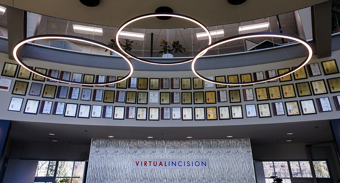 The wall of patents is on display at the headquarters of Virtual Incision.