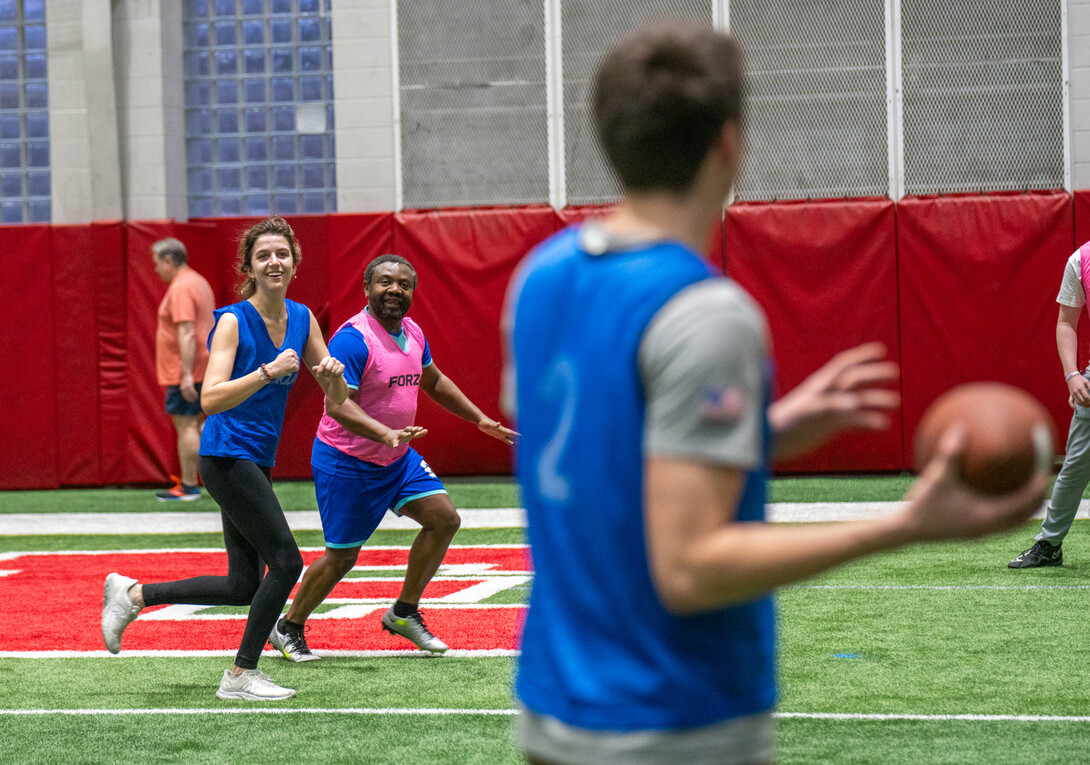 Professor Marcel Ngoko guards University of Nebraska-Lincoln student Delaney Knight from getting open at Cook Pavilion on Feb. 9, 2024.