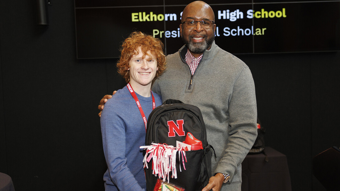 Presidential Scholar Jeremy Robson (left) and Chancellor Rodney D. Bennett pose for a photo prior to UNL's Admitted Student Day on March 23.