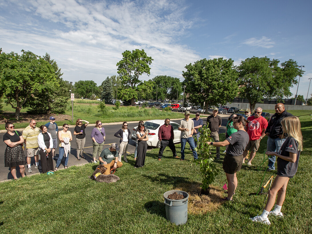 A crowd watches as Ann Powers discusses the Moon Tree sapling before it was planted east of Hardin Hall.