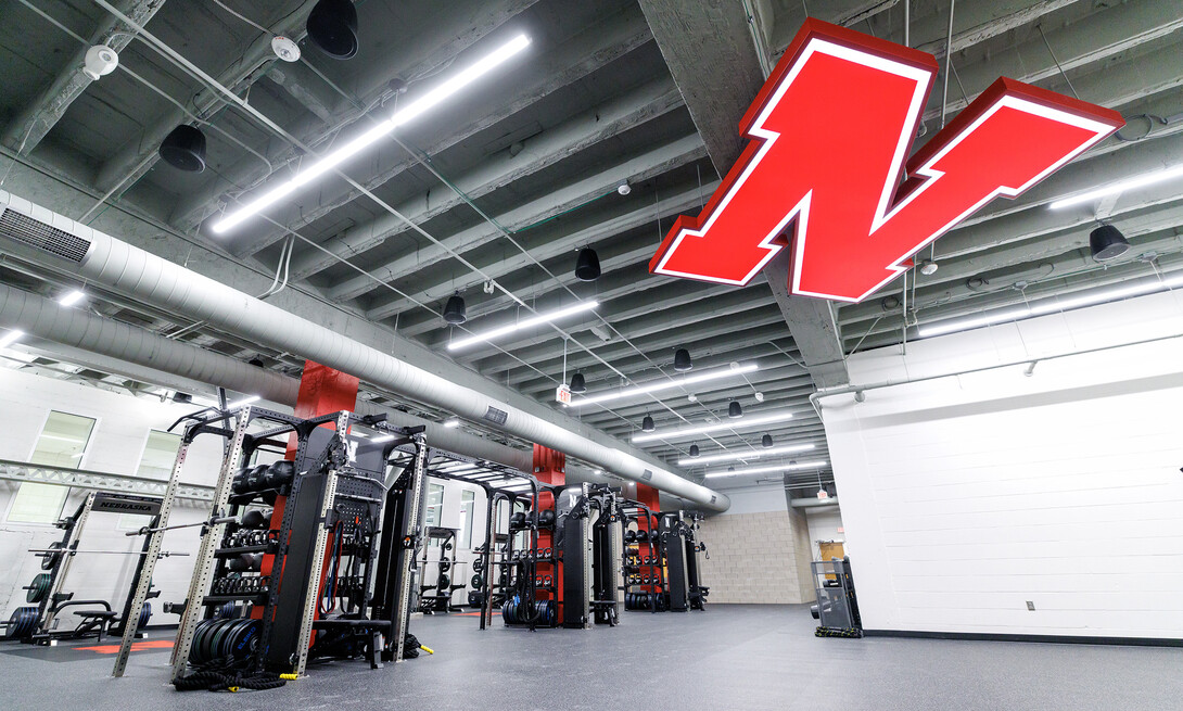 The expanded weight room in the Campus Recreation Center is watched over by the iconic Nebraska N.