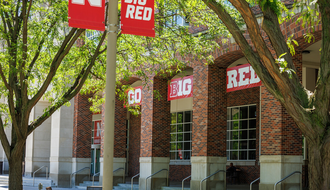 Nebraska Union is adorned with Go Big Red banners.
