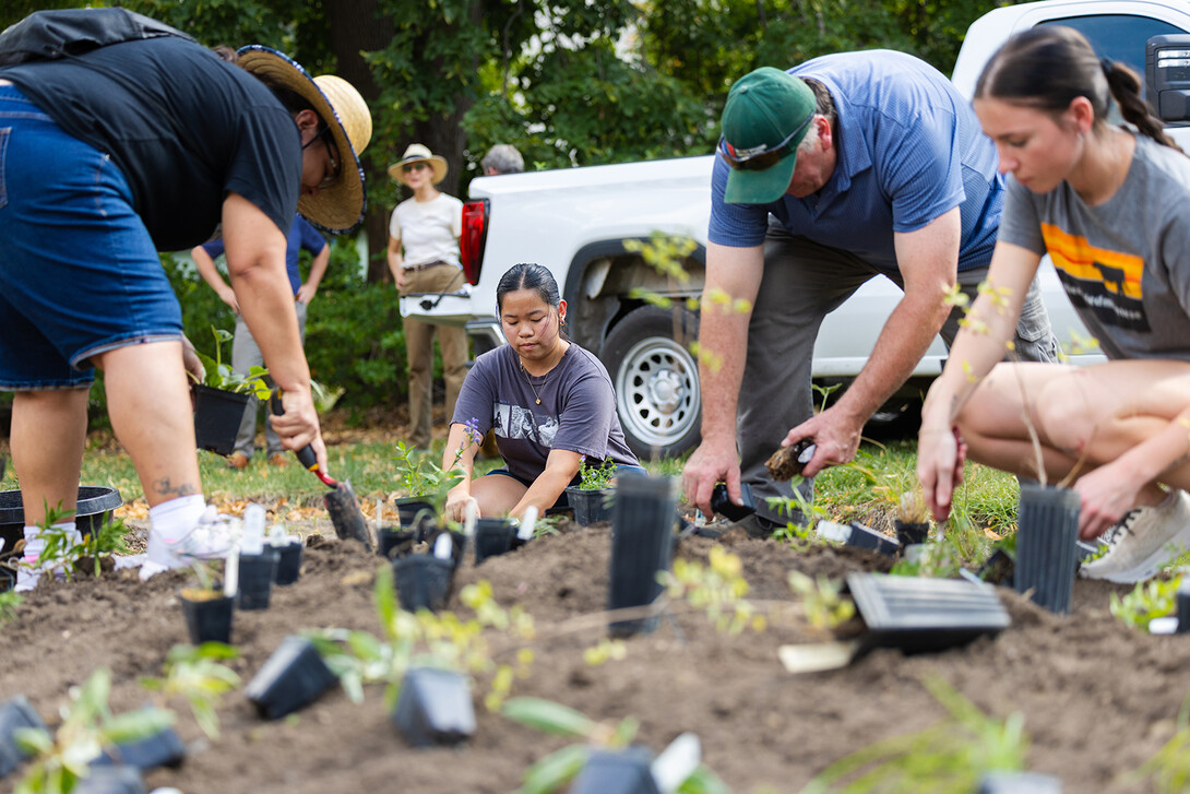 Members of the campus community planting the Indigenous garden.