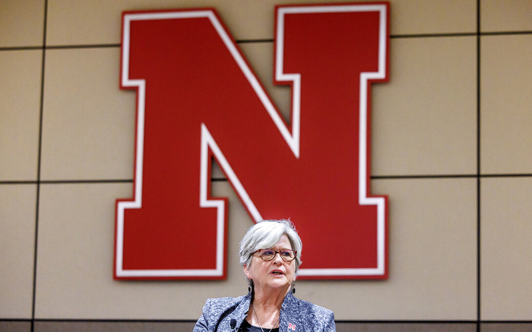 With the iconic Nebraska "N" in the background, Katherine S. Ankerson, interim chancellor, answers a question during the Jan. 15 listening session.
