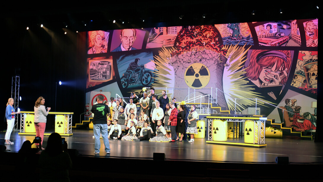 Thespian Troupe 7023 from Arab High School in Arab, Alabama, pose for a photo on the Lied Center stage after a dress rehearsal for their production of "Zombie Prom" on June 22.