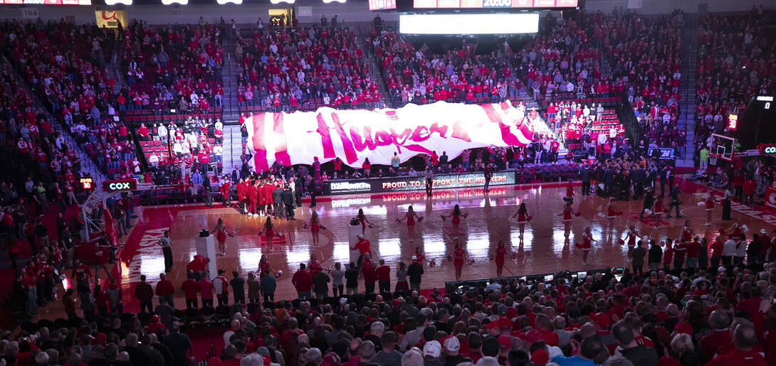 Husker fans celebrate during Husker men's basketball pregame festivities on Feb. 13.