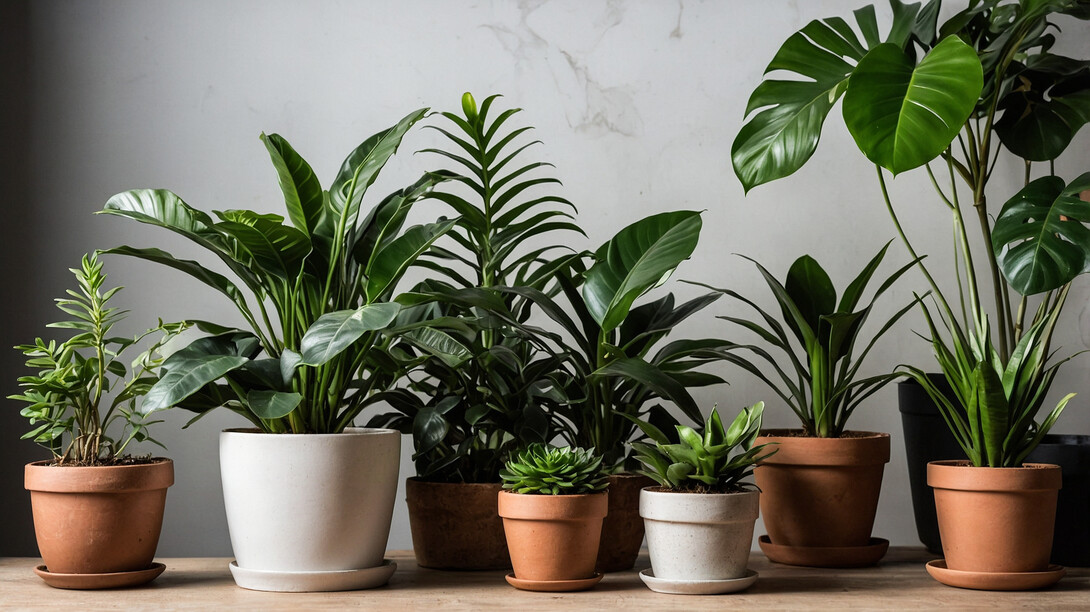 House plants line a wall.