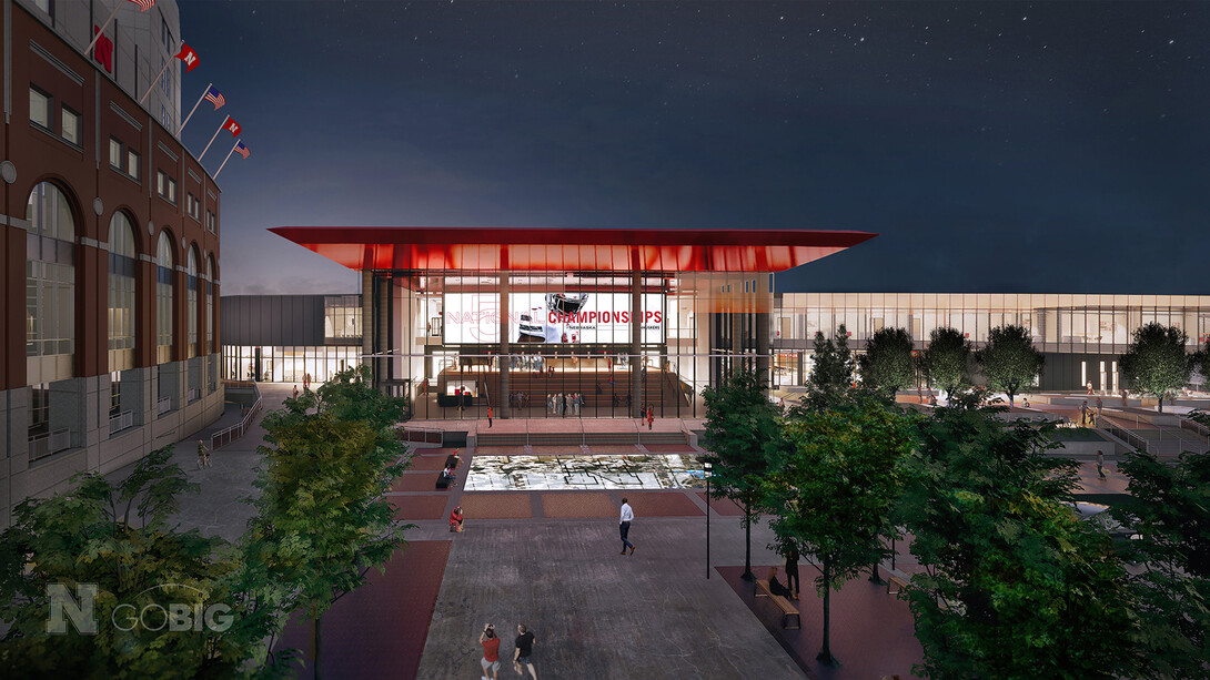 The main entrance of the Huskers' new athletics facility will replace the 24 columns that adorn the space on the northeast corner of Memorial Stadium. The facility is scheduled to open in fall 2023.