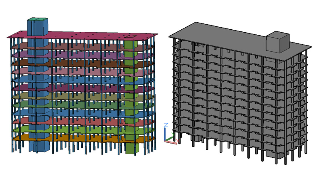 Graduate student Chen Fang created these preliminary model schematics of Cather and Pound halls for the research project. The image shows a finite element model (left) and a geometry model.