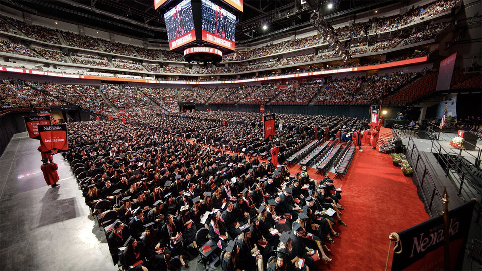 Nearly 2,100 Huskers — 81 percent of the entire graduating class — participated in the 2018 undergraduate commencement ceremony in Pinnacle Bank Arena.  Craig Chandler  | University Communication