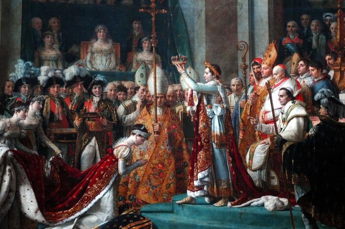This painting by Jacques-Louis David depicts the infamous ceremony of Napoleon Bonaparte officially assuming the title of Napoleon I, Emperor of the French People.