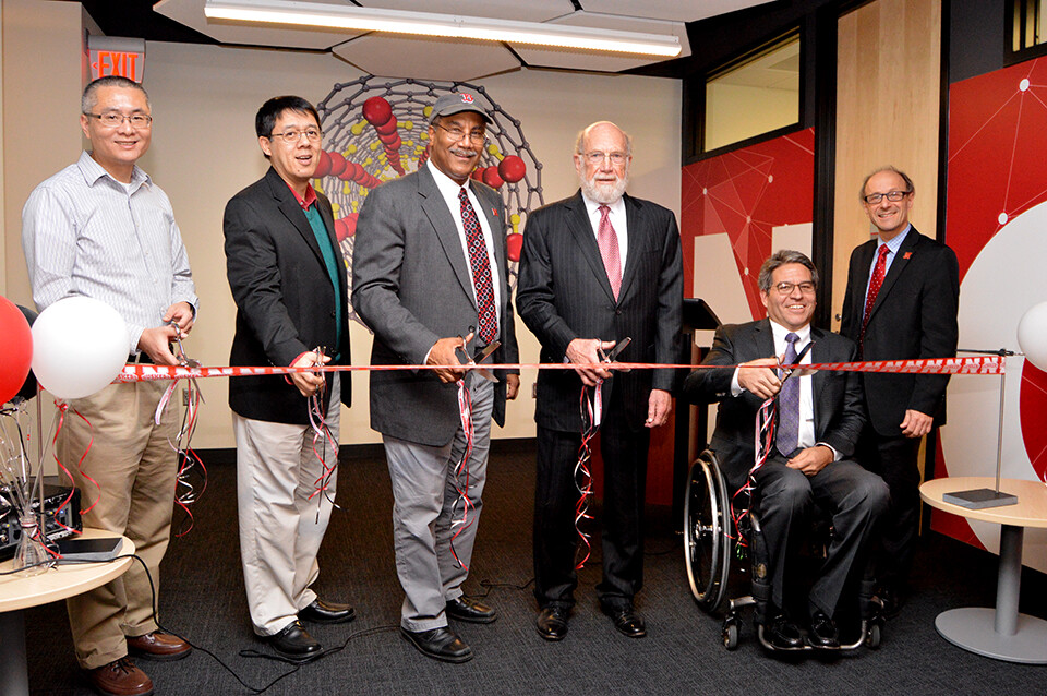 The Department of Chemistry inaugurates the new Nebraska Cluster for Computational Chemistry at a ribbon-cutting ceremony held Dec. 10. From left: Hui Li, Xiao Cheng Zeng, Joseph Francisco, Eugene Cordes, Lance Pérez and David Berkowitz.