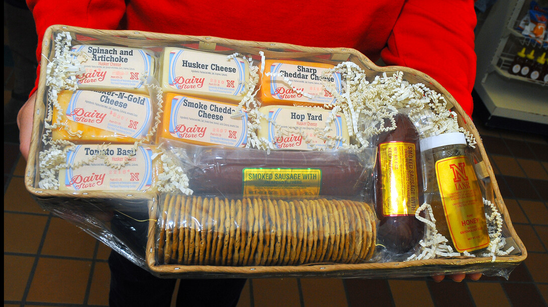 A Nebraska basket packaged and ready for purchase at the UNL Dairy Store. Box and basket orders can be completed online or at the Dairy Store.