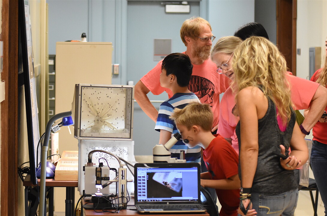 Dave Taylor explaining the secret life of flies to guest at BugFest 2017. (Courtesy of the Department of Entomology)