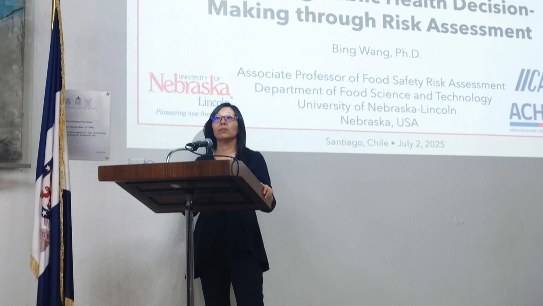 Bing Wang speaks during a symposium in Chile.