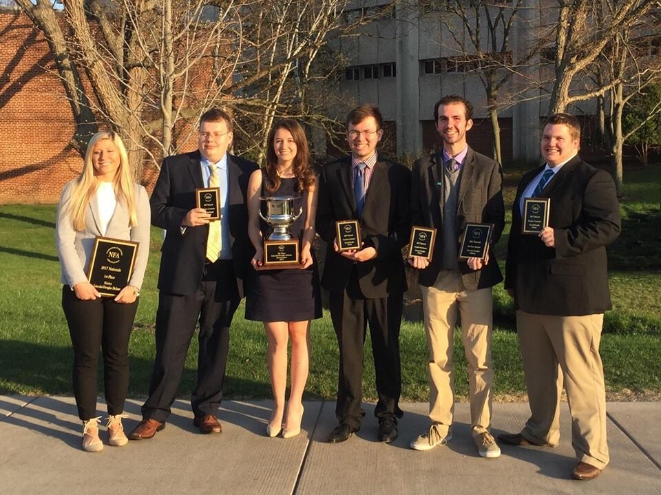 The Husker debate team that placed fifth at nationals included (from left) Britnee Hart, Jackson Slechta, Ashley Holland, Zach Hadenfeldt, Colten White and Jackson Slechta.