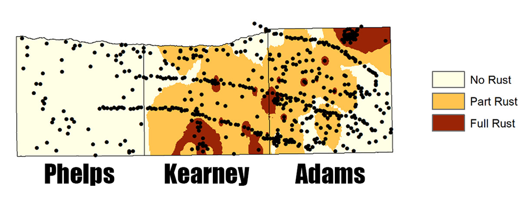 Maps of sampled groundwater sites and rust classifications in three Nebraska counties