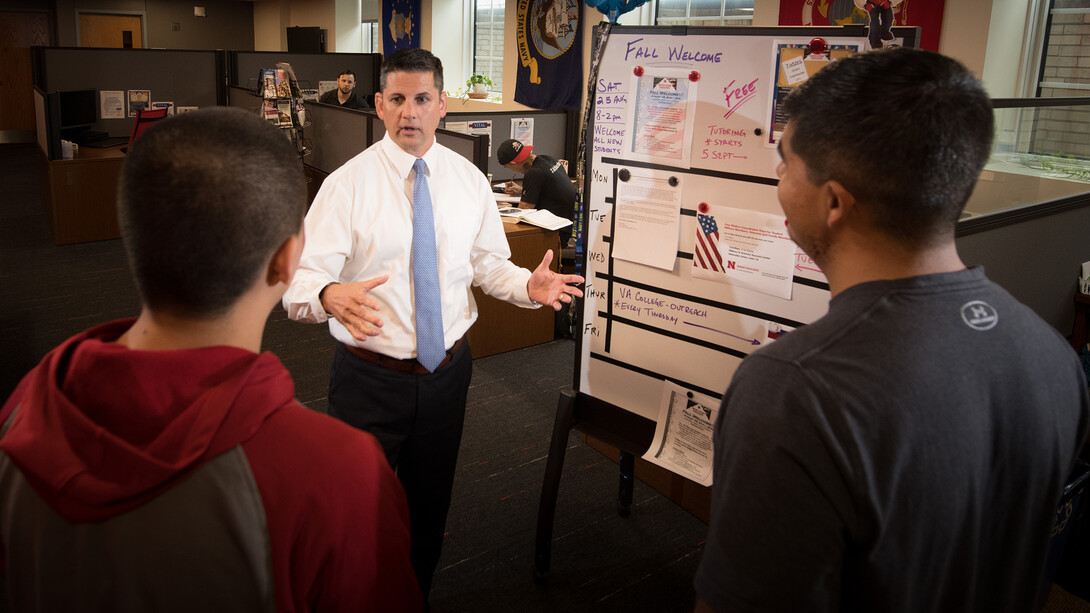 Joe Brownell, the new director of the university's Military and Veteran Success Center, talks with student veterans on Aug. 21.