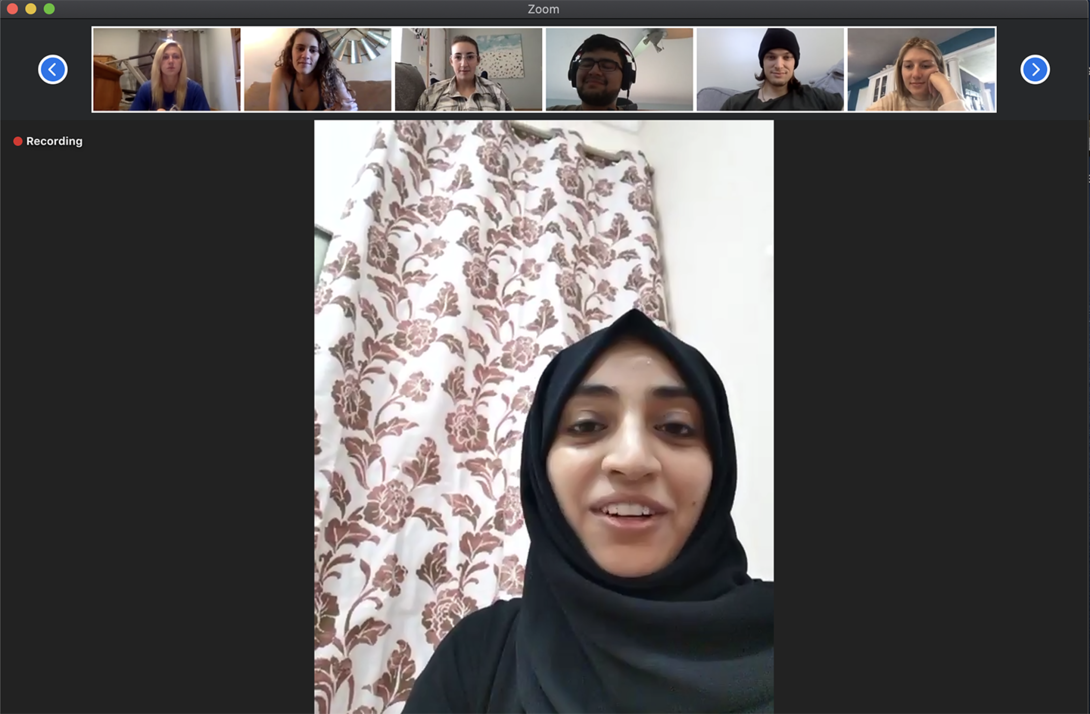 An Omani student from the University of Nizwa shares her perspective during a morning Zoom call with her Nebraska peers.