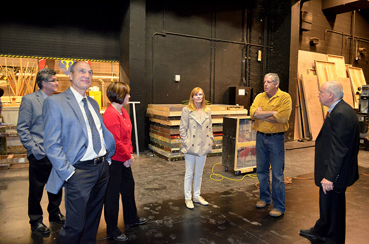 UNL's Brad Buffum (second from right) gives Hixson-Lied Advisory Board members a tour of the Temple Building on April 27. Board members pictured are (from left) Charles O'Connor, Mike Hill, Susan Varner Wilkins, Marg Helgenberger and Deon Bahr.