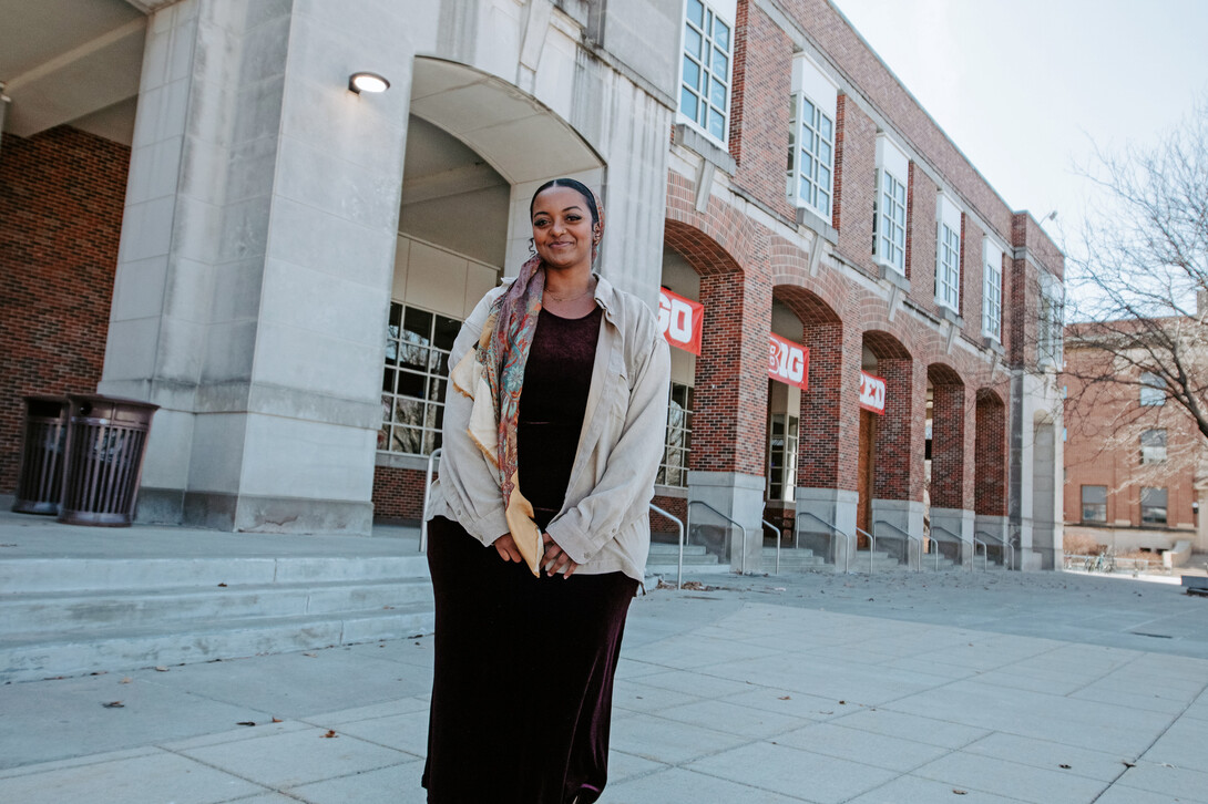 Abdulrazig in front of the city campus Union. Her study abroad opportunity to India has helped shaped her academics and her involvement across the remainder of her college career. 