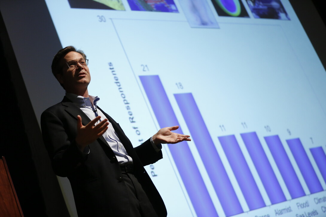 Anthony Leiserowitz, director of the Yale Project on Climate Change Communication and research scientist in the School of Forestry and Environmental Studies at Yale, spoke as part of the Heuermann Lectures in the Institute of Agriculture and Natural Resources.