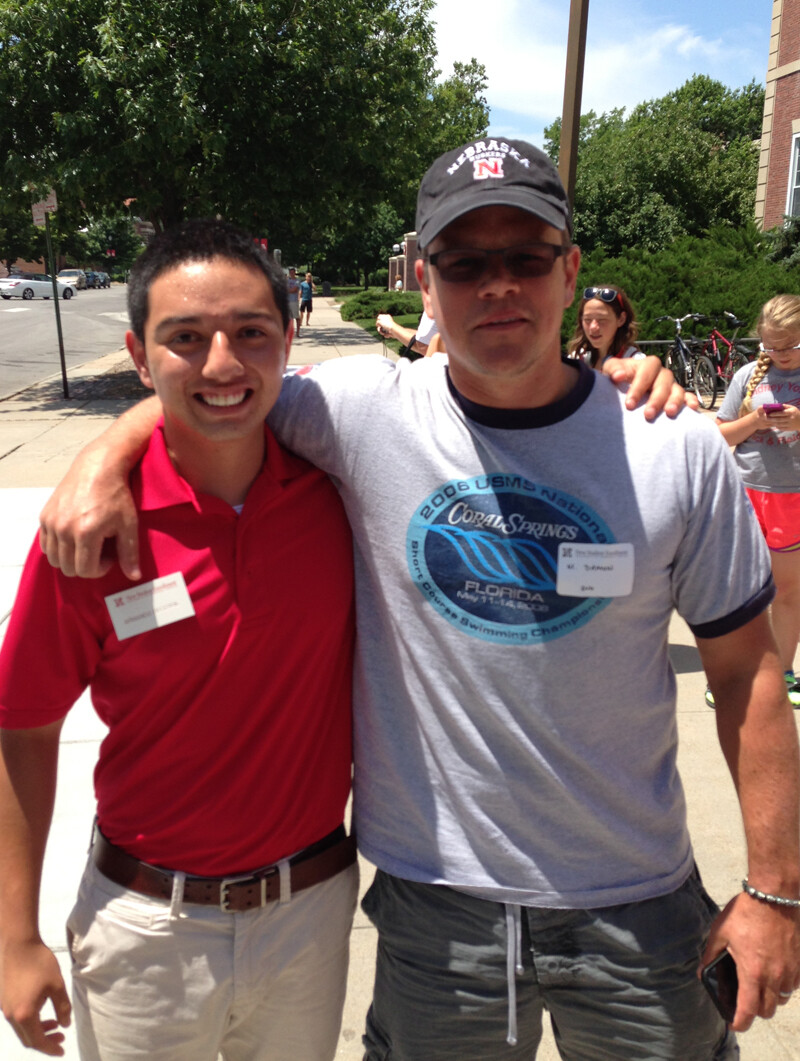 NSE student ambassador Armando Becerril (left) poses with Matt Damon outside the Nebraska Union. Damon attended NSE activities on July 10. (Courtesy photo)
