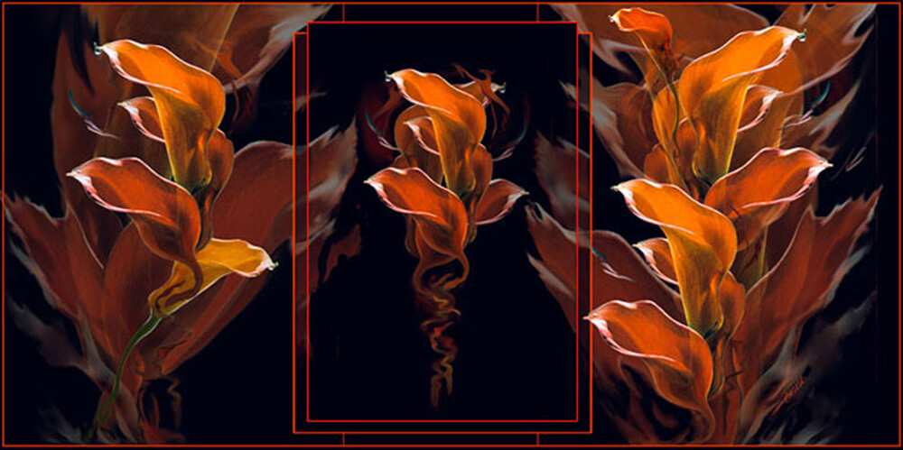 The "Alumni Artists: 1945-1969" exhibition includes work from 37 alumni. Pictured is "Lilies on Fire," a digital art design by 1968 graduate Anna (Temmers) Ilvess-Barber.