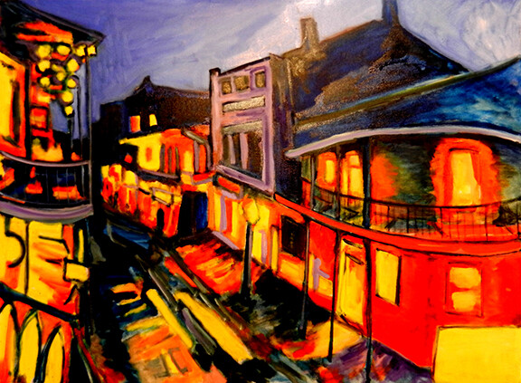 The alumni exhibition in Richards Hall includes this artwork, "Bourbon Street No. 7" by Jim Jacobi. The exhibition is open May 23 to Aug. 3.