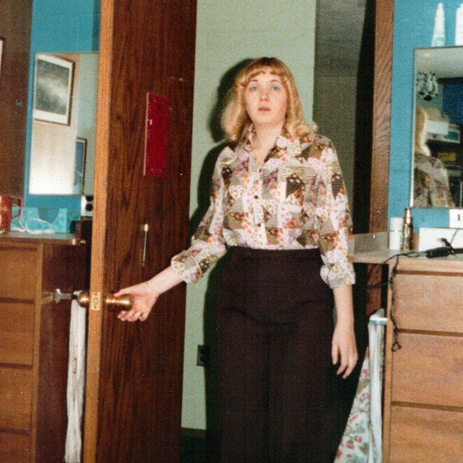 Rose Johnson entering a dorm room in the 1970s.