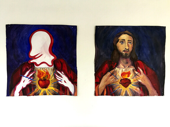 Michael Johnson, “Wiggle Jesus” (diptych), oil paint on gessoed cardboard, 60” x 60”, 2019.