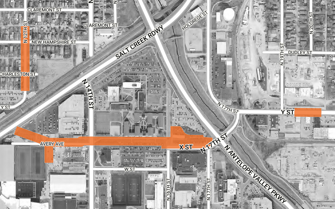 Lincoln Electric System transmission line burial map showing work along Avery Avenue and X Street on City Campus.