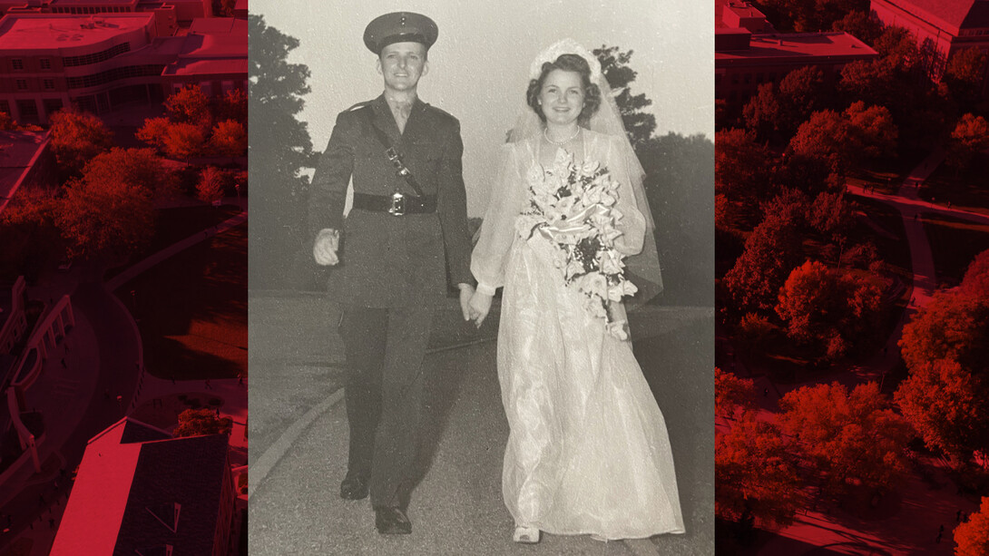 Photo of Harold and Marion Larmon, walking hand-in-hand after getting married in 1942 in Washington, D.C.