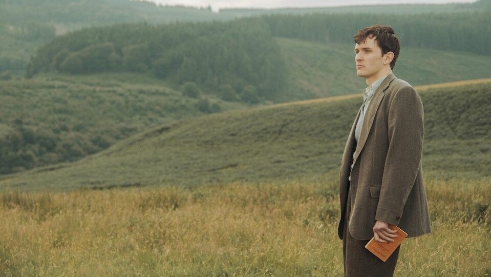 Harry Lawtey plays Richard Burton, a white man with dark short hair, standing in a green field in a brown suit.